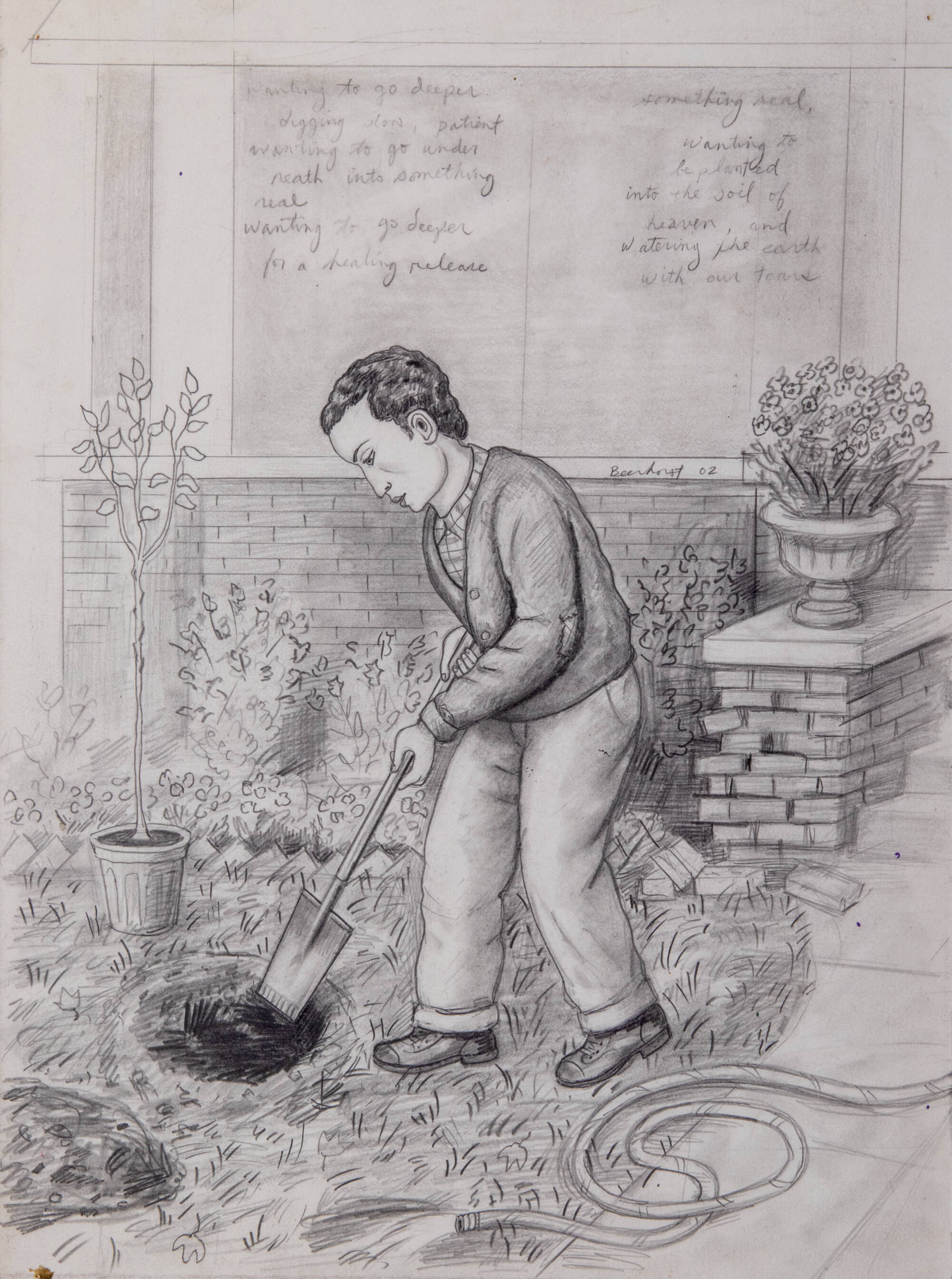 Graphite sketch of a painting of a man digging a hole to plant a tree.